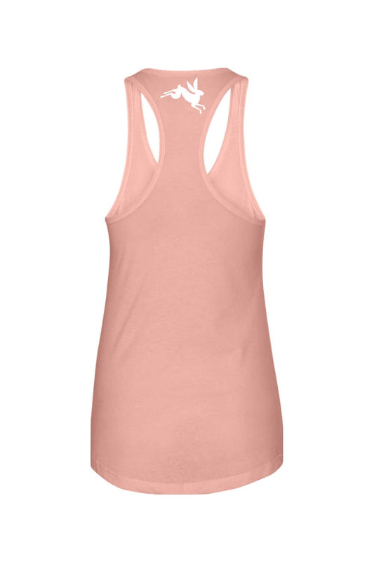 Dusty pink racerback tank top in a soft cotton-poly blend featuring a white leaping rabbit logo on the upper back.