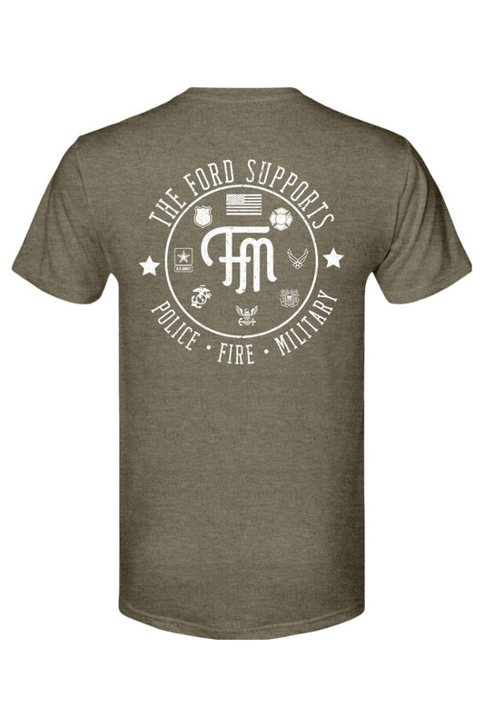 Olive green triblend t-shirt featuring a white graphic print honoring police, fire, and military personnel on the back.