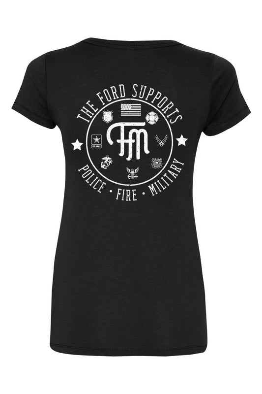 Black women's cotton blend v-neck t-shirt featuring a white graphic supporting police, fire, and military heroes.