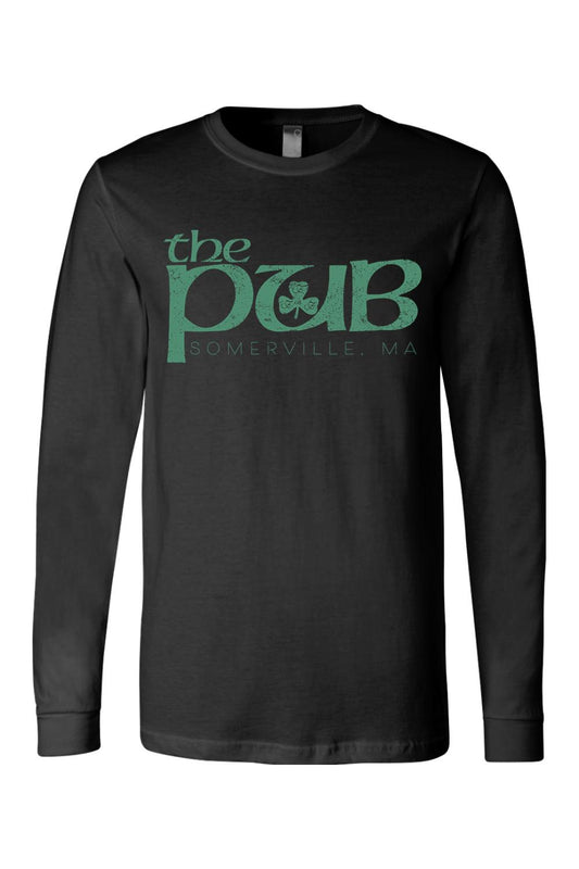 Black long-sleeve jersey tee featuring a distressed green The Pub Somerville, MA logo with a shamrock graphic.