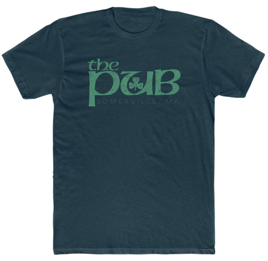 Dark navy blue cotton t-shirt featuring a green The Pub Somerville, MA graphic with a shamrock design.