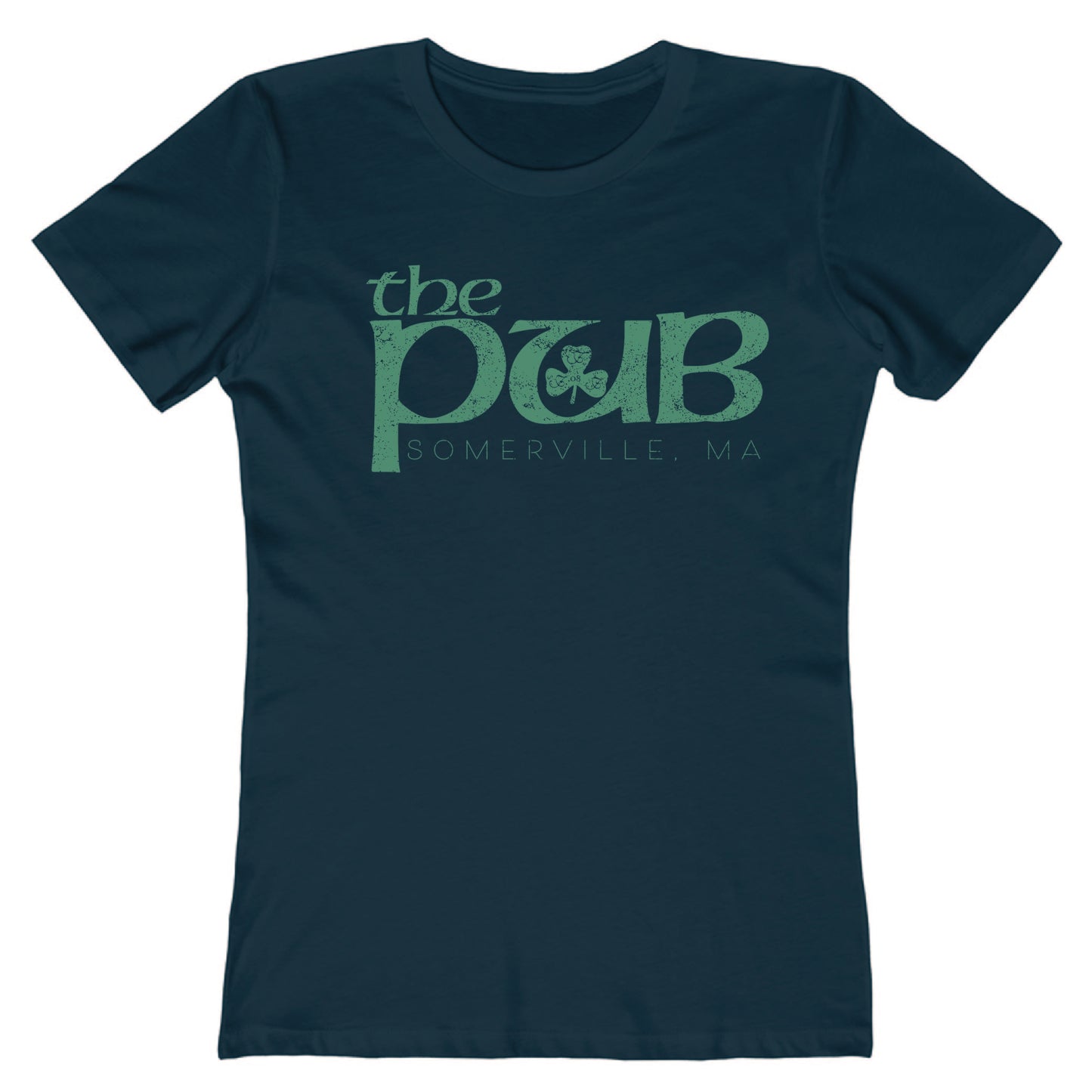 Navy blue women's crew neck t-shirt featuring a green distressed The Pub Somerville, MA logo with a shamrock.