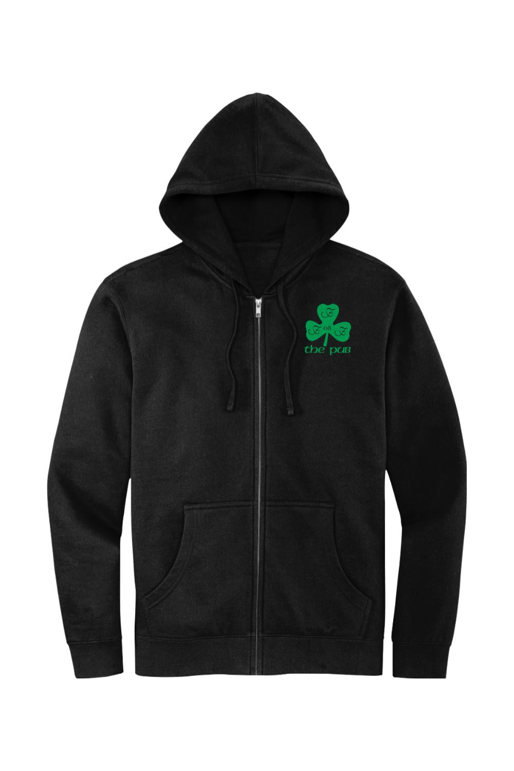 Black full-zip hoodie with a jersey-lined hood, front pockets, and a green shamrock logo on the left chest.