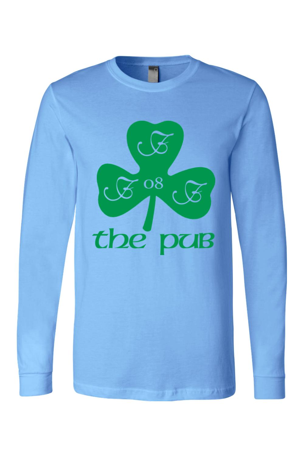 Light blue long sleeve jersey tee featuring a green shamrock graphic with the text The Pub and the number 08.