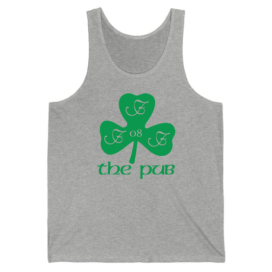 Grey unisex jersey tank top featuring a green shamrock graphic with the text The Pub and decorative lettering.
