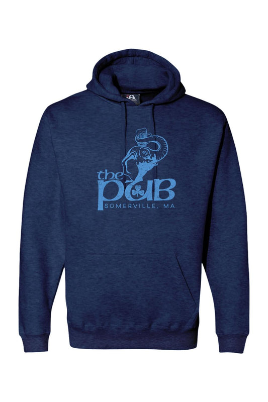 Navy blue heathered pullover hoodie featuring a light blue graphic of an elephant wearing a hat and The Pub Somerville logo.