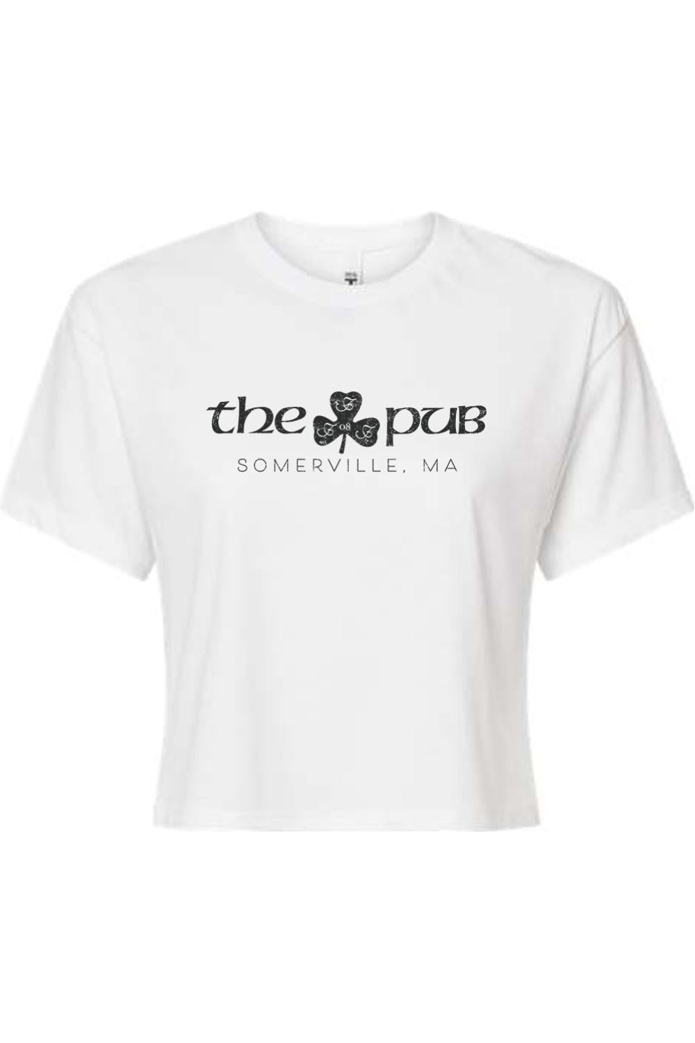White relaxed-fit crop t-shirt featuring The Pub Somerville logo with a black shamrock graphic on the chest.