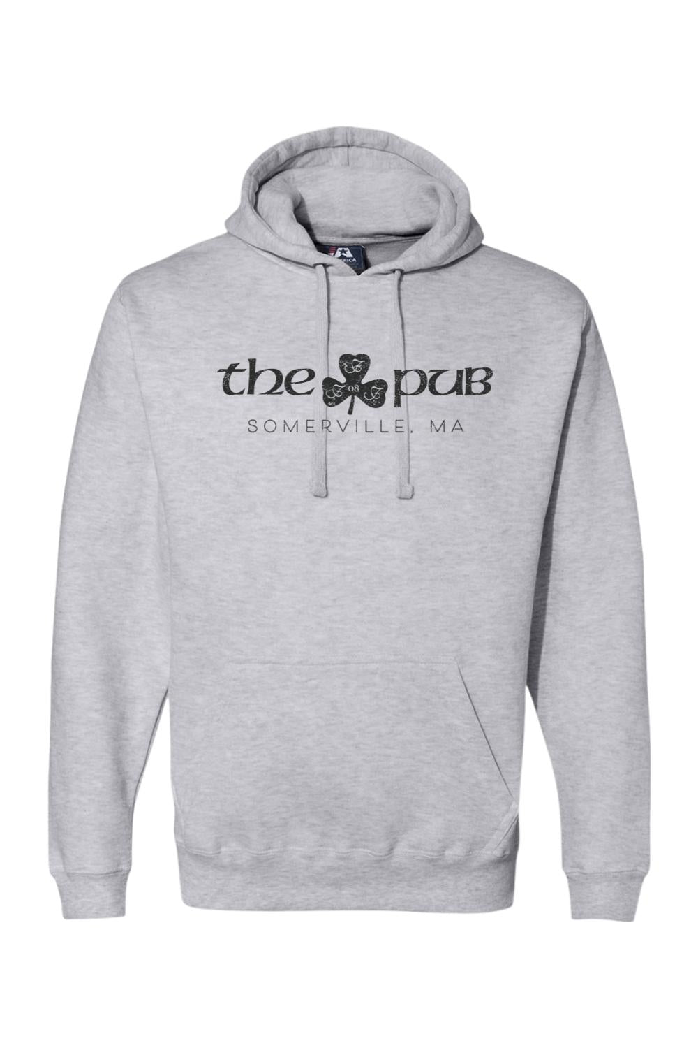 Light grey premium fleece hoodie featuring a black shamrock logo and The Pub Somerville, MA text.