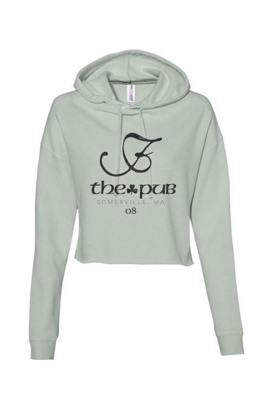 Sage green cropped hoodie with a black The Pub Somerville, MA logo and drawstring hood.