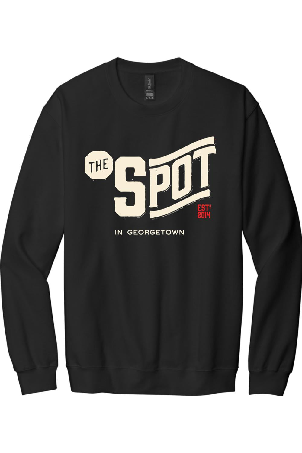 Black crewneck sweatshirt featuring The Spot Georgetown logo in cream and red text on the chest.