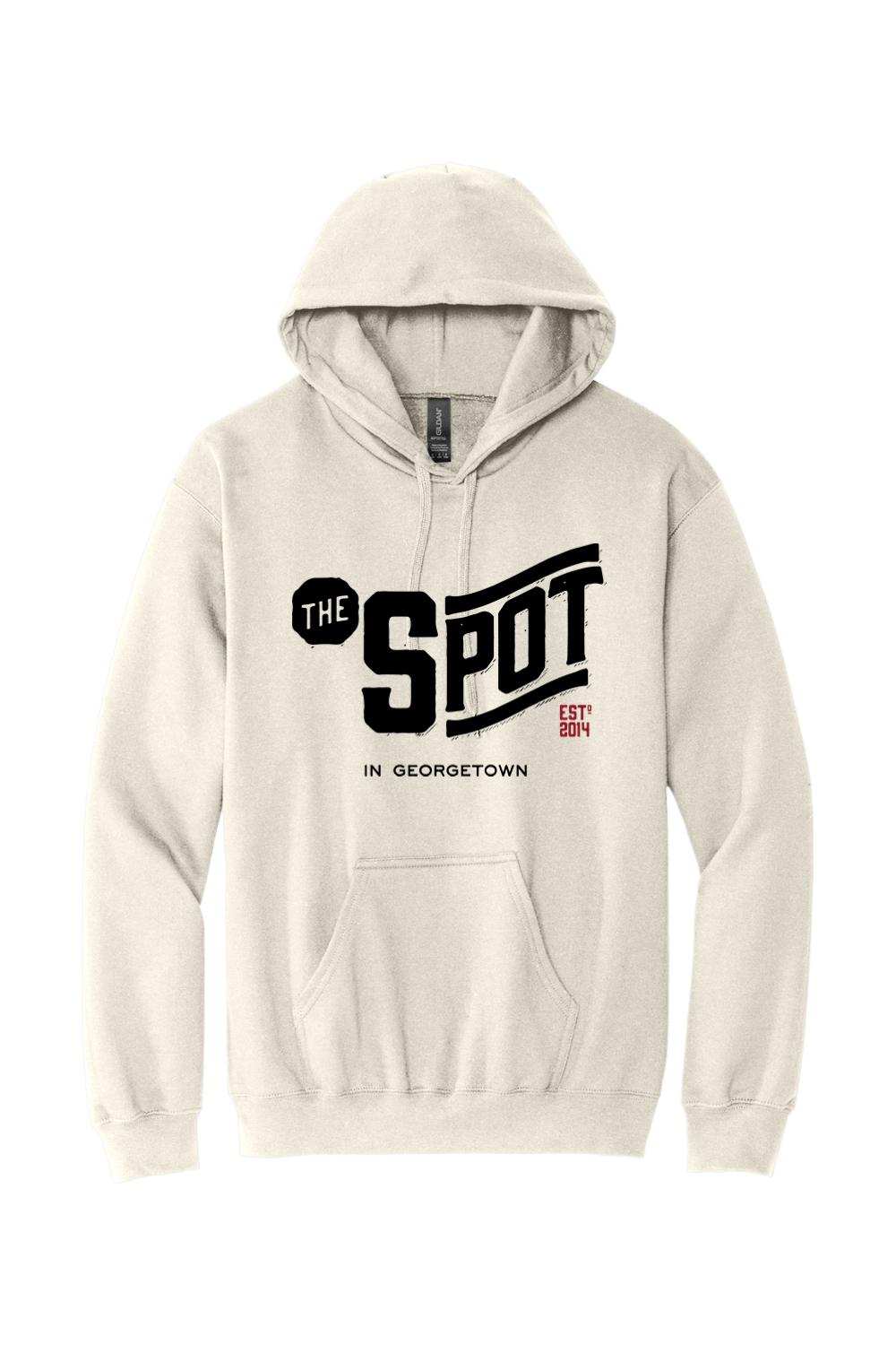 Beige pullover hooded sweatshirt featuring The Spot Georgetown graphic in black and red on the chest.