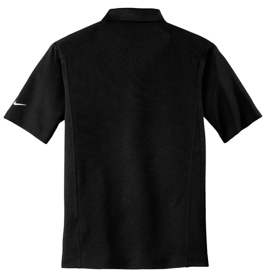 Back view of a black Nike Dri-FIT polo shirt featuring shoulder panels and an embroidered Swoosh on the sleeve.