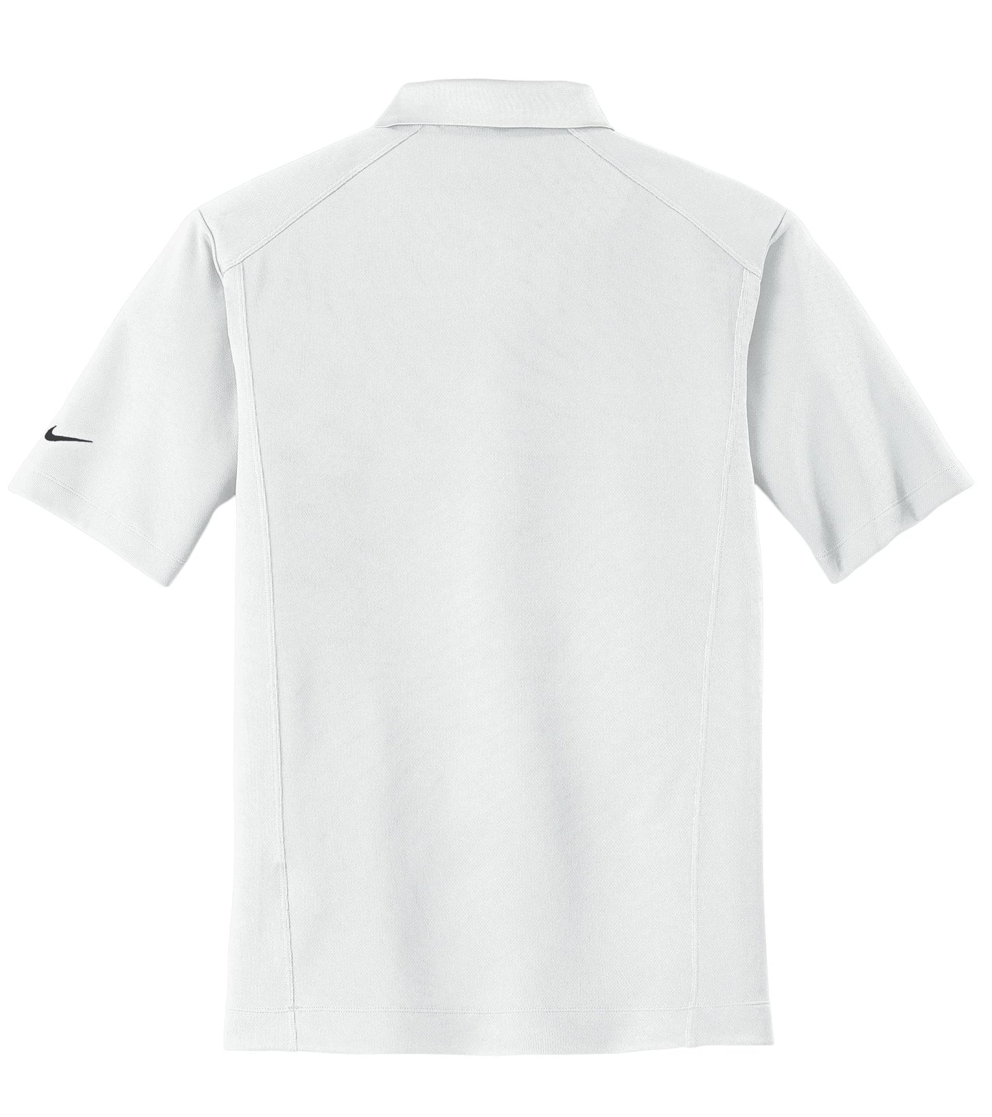 Back view of a white Nike Dri-FIT classic polo with stitch-trimmed shoulder panels and a contrast Swoosh on the sleeve.