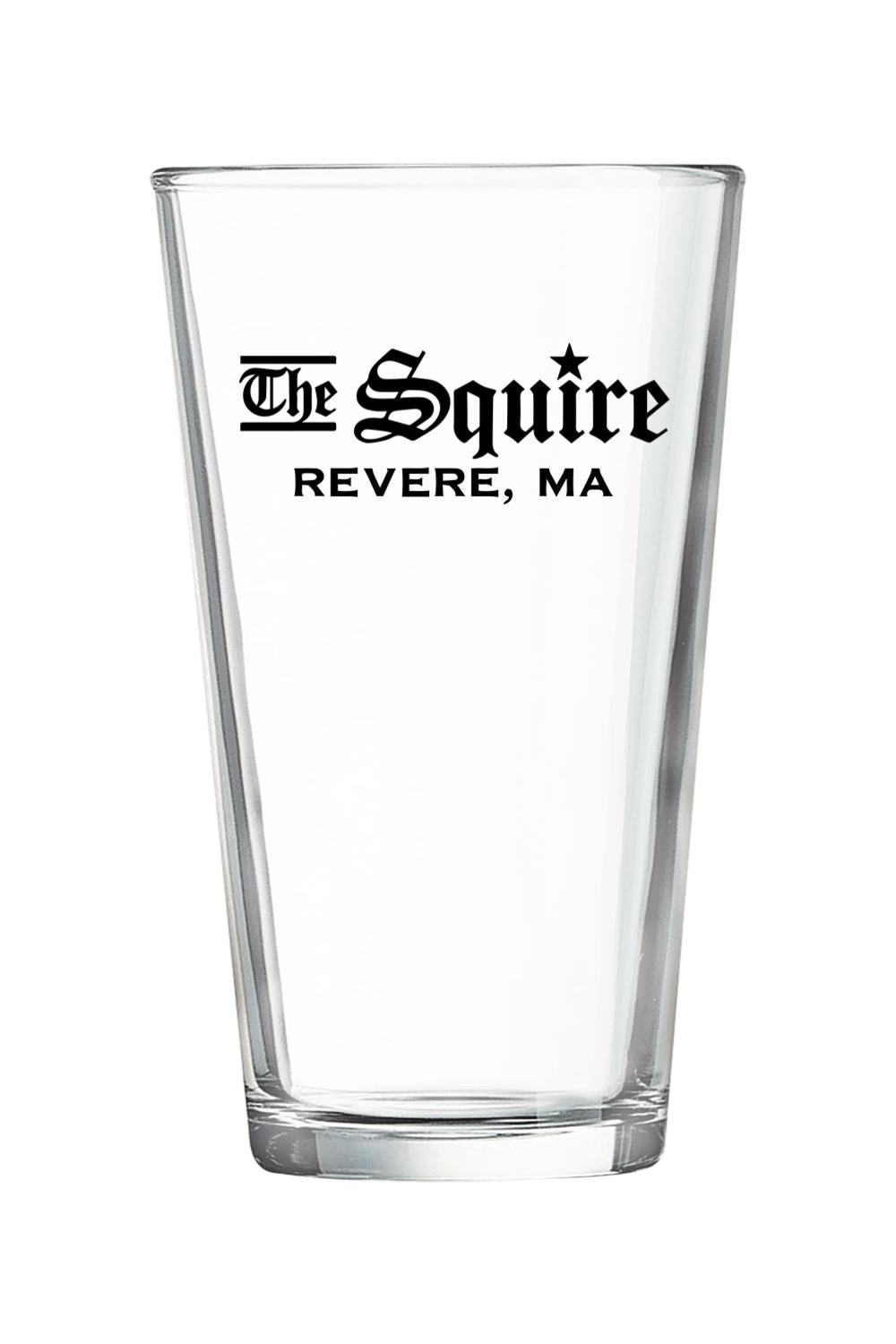 Clear 16-ounce pint glass with a weighted base and black The Squire Revere, MA logo print.