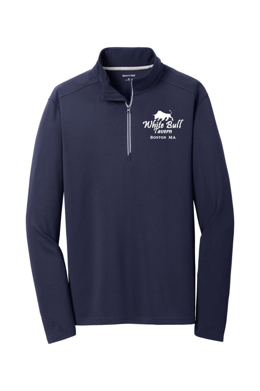 Navy blue 1/4-zip textured pullover with White Bull Tavern Boston logo, cadet collar, and silver zipper tape.