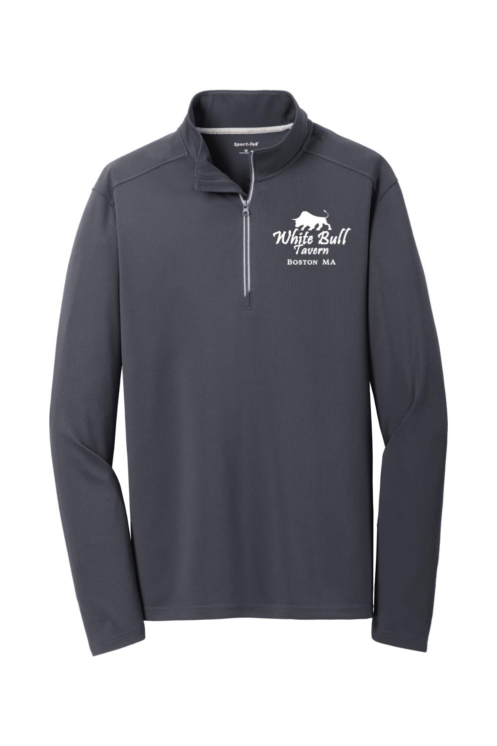 Dark grey textured 1/4-zip pullover with White Bull Tavern logo, cadet collar, and silver zipper tape.