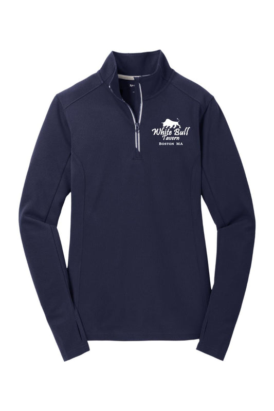 Navy blue women's 1/4-zip textured pullover with White Bull Tavern logo, silver zipper tape, and thumbhole cuffs.
