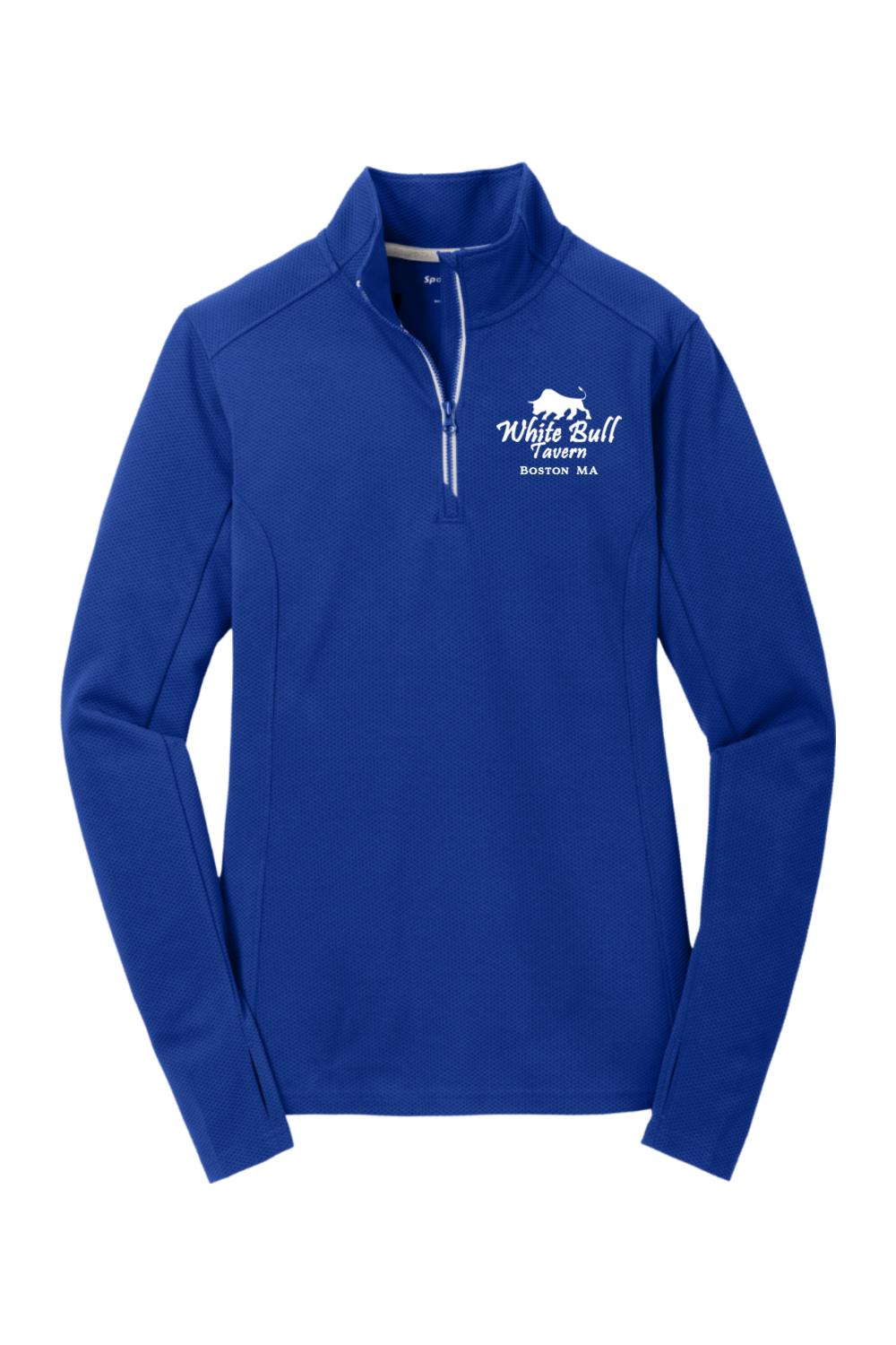 Royal blue textured 1/4-zip pullover with White Bull Tavern logo, cadet collar, and silver zipper tape.