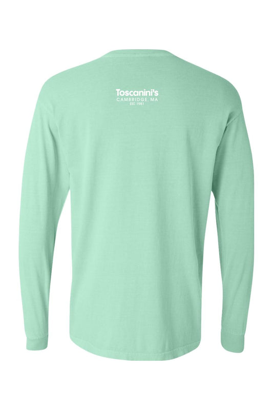 Mint green Comfort Colors long sleeve cotton t-shirt featuring white Toscanini's Cambridge logo on the back.