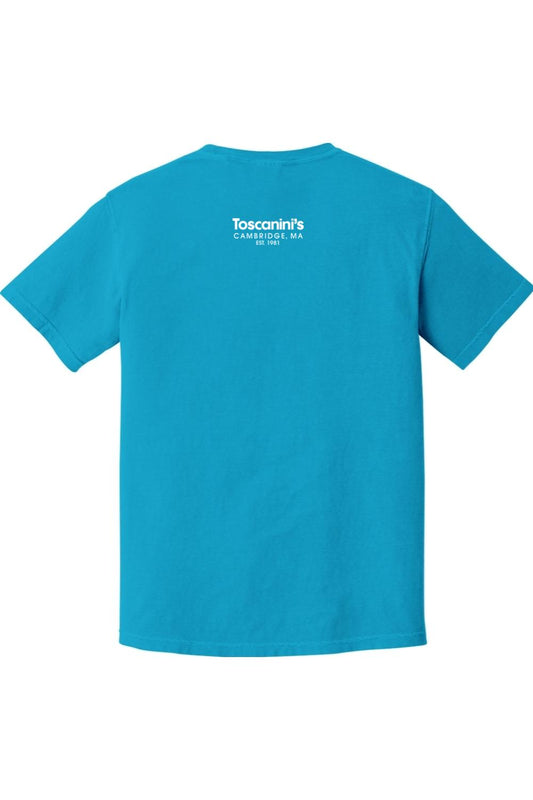 Bright blue Comfort Colors short sleeve t-shirt featuring white Toscanini's Cambridge, MA logo on the back.