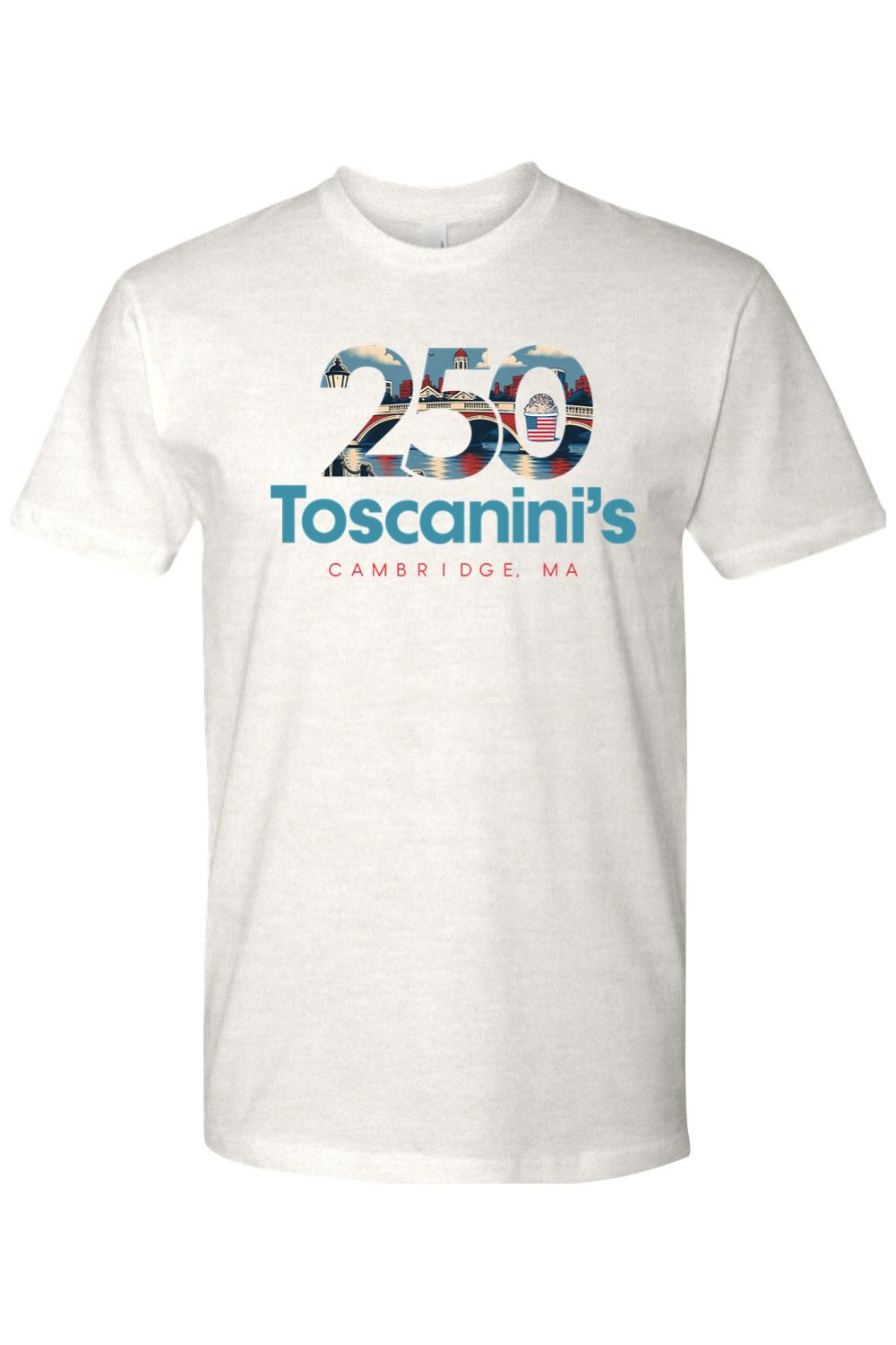 White cotton men's t-shirt featuring a Toscanini's 250th anniversary graphic with a Cambridge cityscape design.