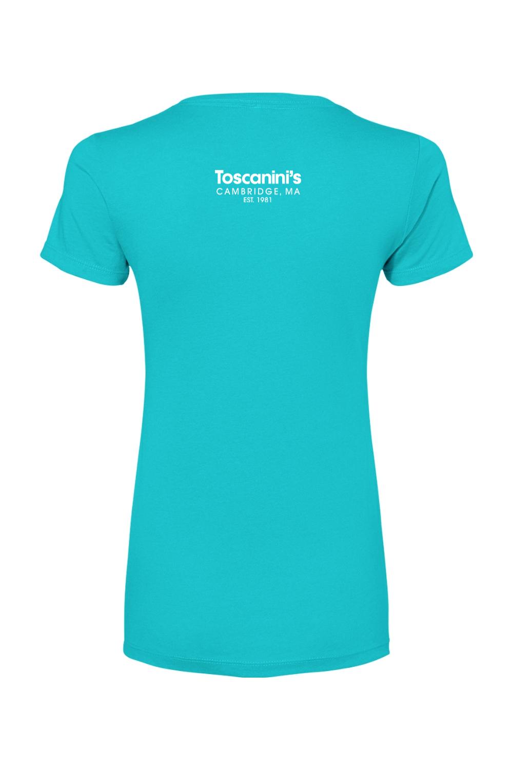 Back view of a turquoise women's cotton blend t-shirt with white Toscanini's Cambridge, MA logo on the upper back.