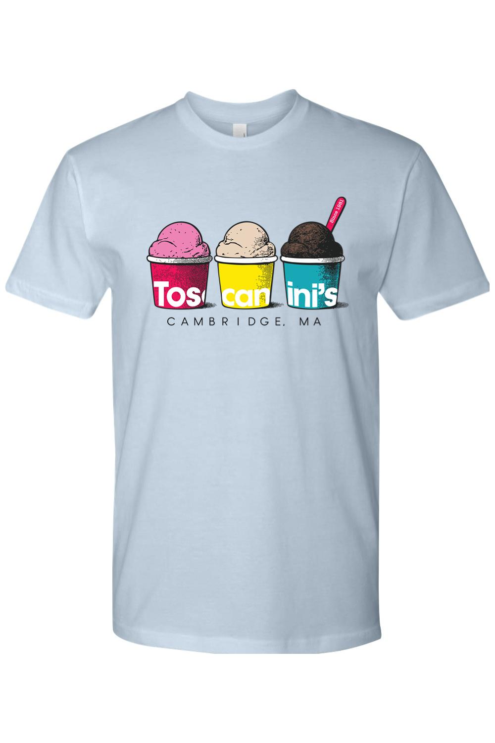 Light blue 100% cotton t-shirt featuring a Toscanini's ice cream graphic with three colorful cups and logo.
