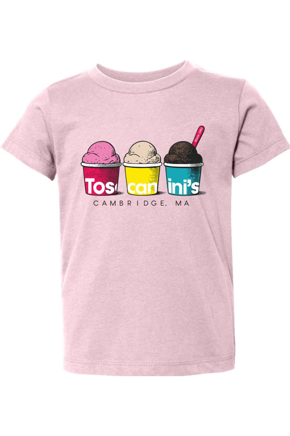 Soft pink toddler cotton t-shirt featuring a Toscanini's ice cream graphic with three colorful cups and text.