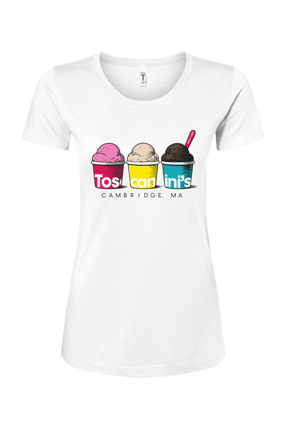White women's cotton blend t-shirt featuring a colorful Toscanini's ice cream cups graphic on the front.
