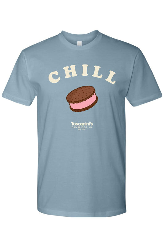 Dusty blue 100% cotton t-shirt featuring a graphic of an ice cream sandwich and Toscinini's Chill branding.