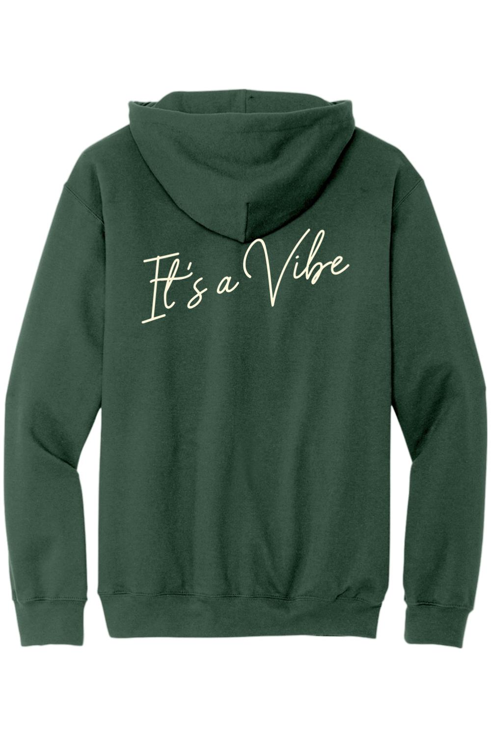 Back view of a velvet vine green sponge fleece hoodie featuring It's a Vibe in white cursive script on the back.