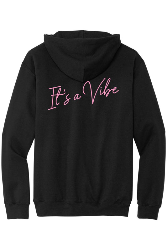 Black sponge fleece hoodie featuring a pink cursive It's a Vibe logo on the back.