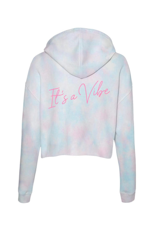 Pink and blue tie-dye cropped hoodie featuring the phrase It's a Vibe in pink script on the back.