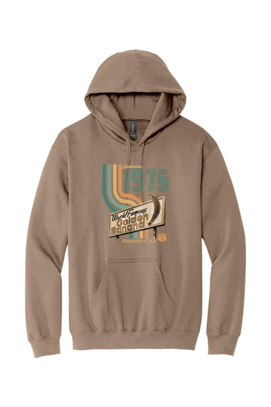 Taupe pullover hoodie featuring a retro World Famous Golden Banana sign graphic with 1975 text and colorful stripes.