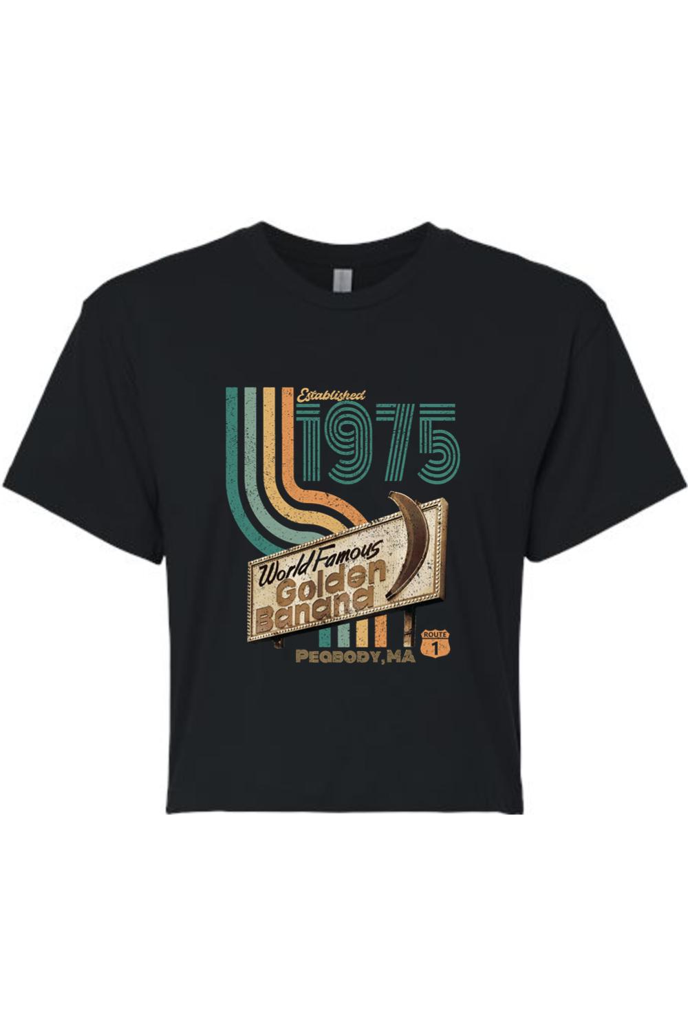Black cropped cotton t-shirt featuring a vintage Golden Banana Peabody, MA graphic with retro 1975 text design.