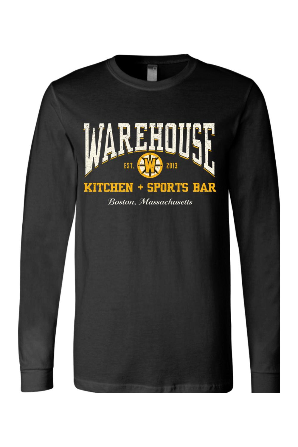 Black long sleeve cotton t-shirt featuring a Warehouse Kitchen + Sports Bar Boston logo in gold and white print.