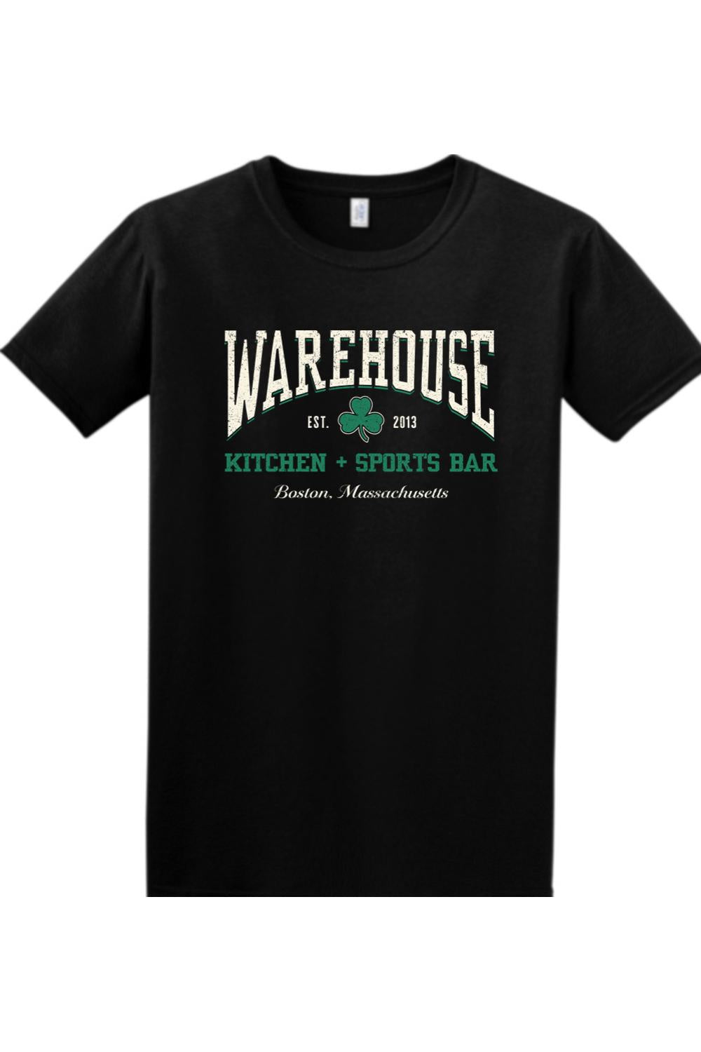 Black relaxed-fit cotton t-shirt featuring a white and green Warehouse Kitchen + Sports Bar Boston logo.