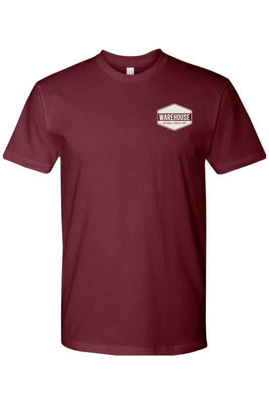 Men's maroon cotton crewneck t-shirt featuring a Warehouse Kitchen + Sports Bar logo on the chest.
