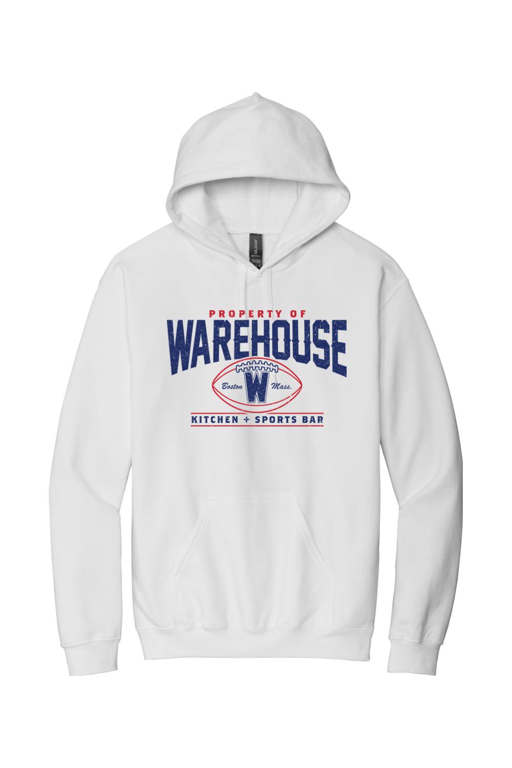 White cotton hoodie featuring a blue and red Warehouse Kitchen + Sports Bar football graphic on the chest.