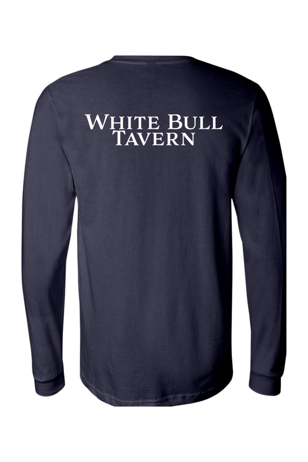 Navy blue long-sleeve cotton t-shirt featuring White Bull Tavern text in white on the back.
