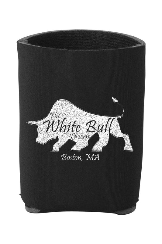 Black foam can cooler featuring a white bull silhouette logo for The White Bull Tavern in Boston, MA.