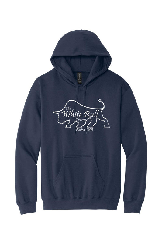 Navy blue midweight hoodie featuring a white outline of a bull and The White Bull Tavern Boston, MA logo.