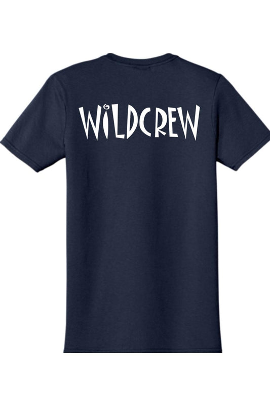 Navy blue short-sleeve cotton t-shirt featuring the white text WILDCREW printed across the back.