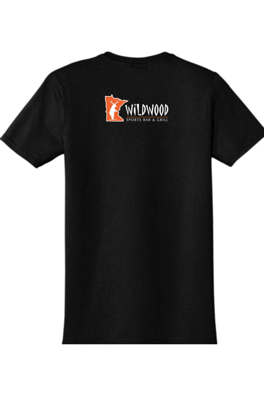 Black short-sleeve cotton t-shirt featuring a Wildwood Sports Bar & Grill logo with a Minnesota state silhouette.