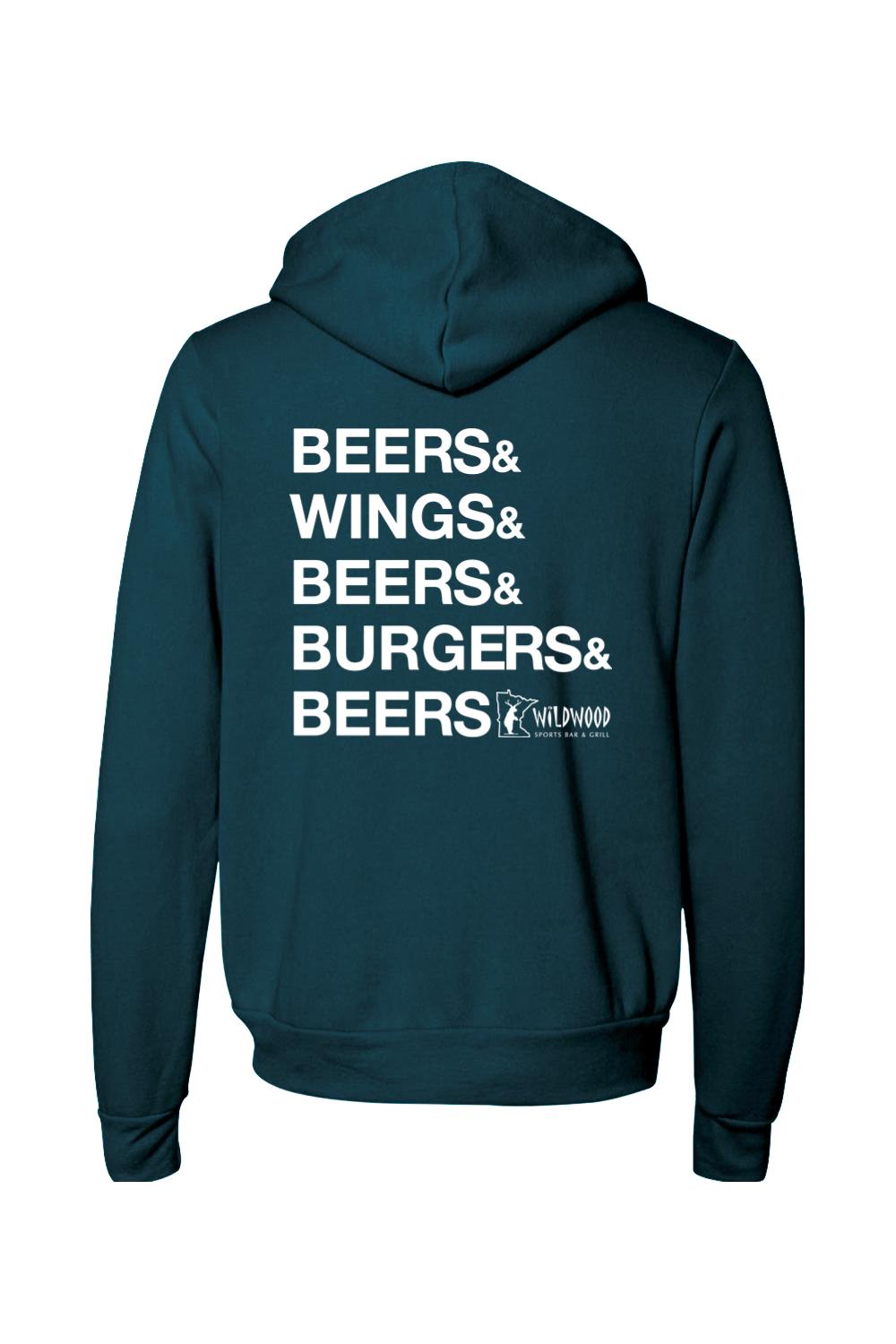 Dark teal full-zip hoodie featuring white text on the back that reads Beers, Wings, Burgers, and Wildwood Sports Bar logo.