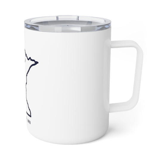 White 10oz stainless steel insulated mug with a Minnesota state outline and clear acrylic snap-on lid.