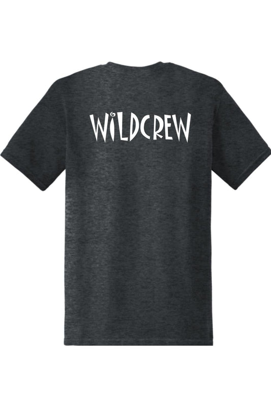 Dark charcoal grey 100% cotton t-shirt featuring the white text WILDCREW printed on the back.