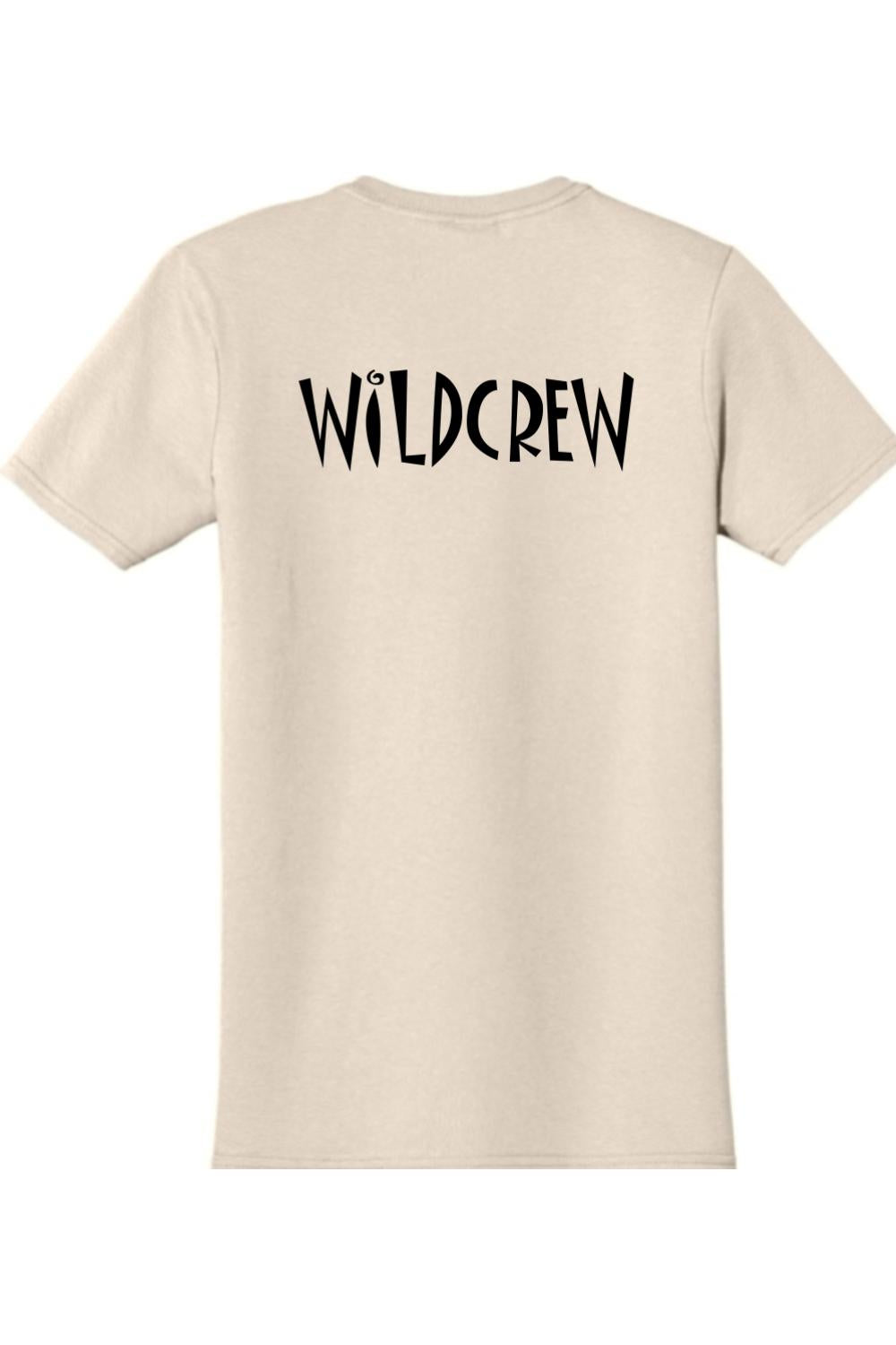 Light-colored 100% cotton t-shirt featuring the black WILDCREW logo printed on the back.