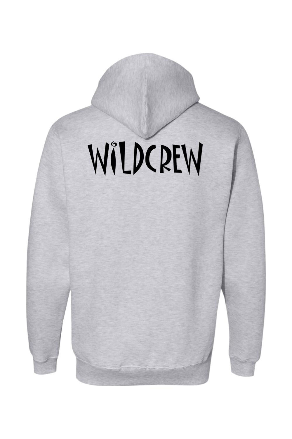 Back view of a grey cotton-blend hooded sweatshirt featuring the black text WILDCREW printed on the upper back.