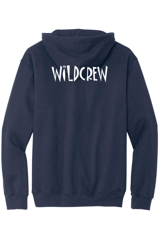 Navy blue midweight zip-up hoodie featuring white Wildcrew text printed across the back.